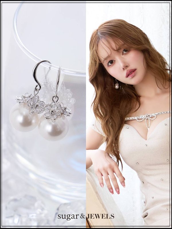 画像1: 【ピアス】ビッグパールフラワービジューフックピアス【Fサイズ/1カラー】[OF02] 