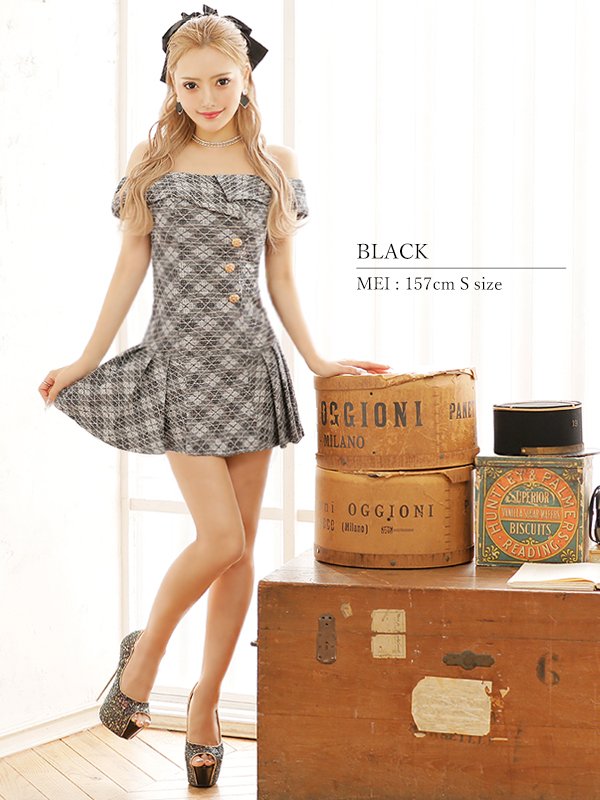 画像7: XSサイズあり【PURESS/ピュアレス】アシンメトリー/ オフショルダー/ ボタン/ フリル/ フレア/ ミニドレス/ キャバドレス[OF5]