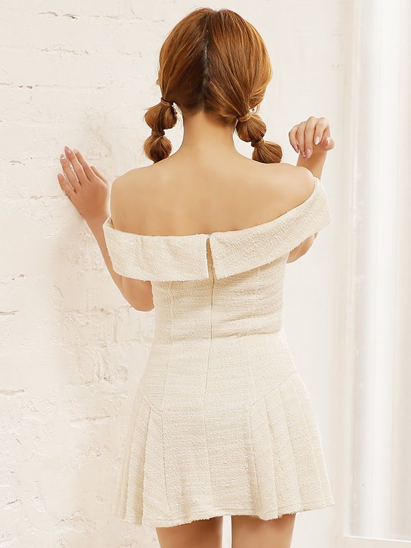 画像10: XSサイズあり【PURESS/ピュアレス】アシンメトリー/ オフショルダー/ ボタン/ フリル/ フレア/ ミニドレス/ キャバドレス[OF5]