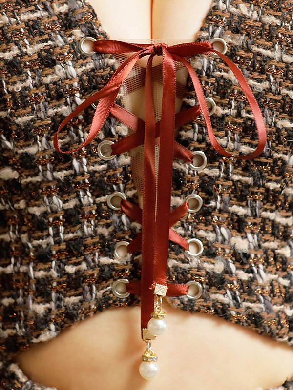 画像9: XSサイズあり【PURESS/ピュアレス】 ホルターネック/ バストレースアップ/ チェックツイード/ ノースリーブ/ フレア/ ミニドレス/ キャバドレス[OF5]