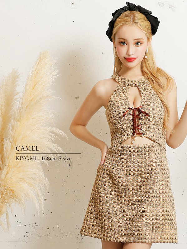 画像3: XSサイズあり【PURESS/ピュアレス】 ホルターネック/ バストレースアップ/ チェックツイード/ ノースリーブ/ フレア/ ミニドレス/ キャバドレス[OF5]