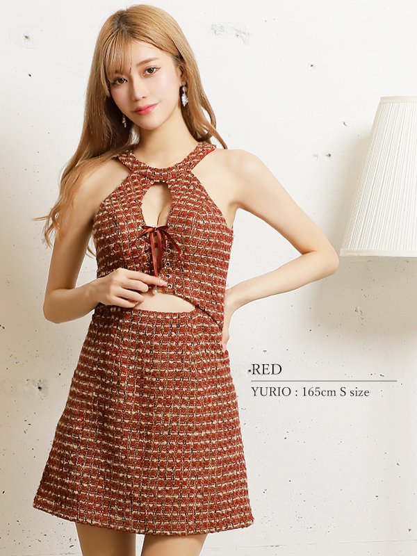 画像4: XSサイズあり【PURESS/ピュアレス】 ホルターネック/ バストレースアップ/ チェックツイード/ ノースリーブ/ フレア/ ミニドレス/ キャバドレス[OF5]