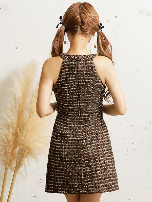 画像6: XSサイズあり【PURESS/ピュアレス】 ホルターネック/ バストレースアップ/ チェックツイード/ ノースリーブ/ フレア/ ミニドレス/ キャバドレス[OF5]