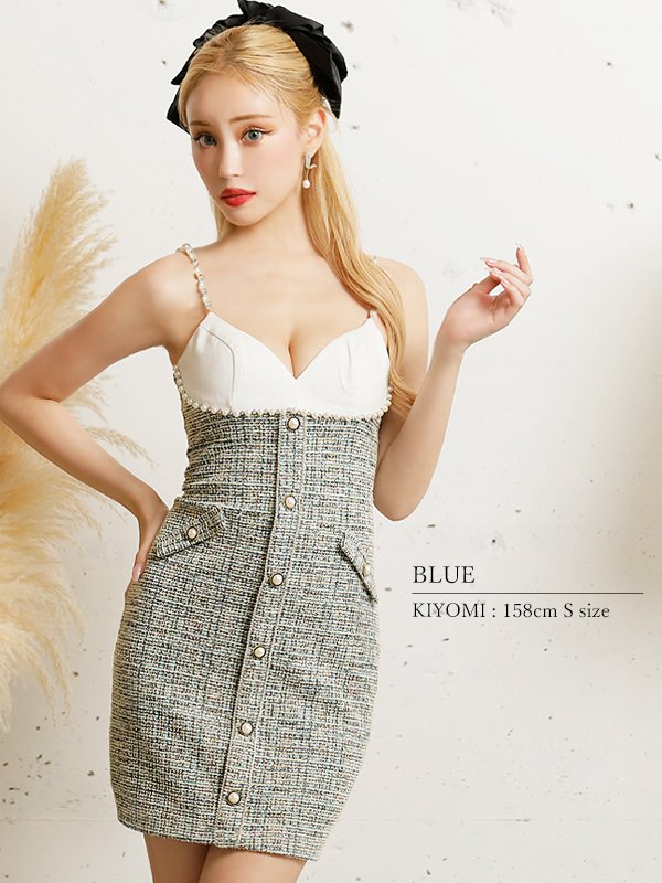 画像4: 【PURESS/ピュアレス】バストバイカラー/ パールビジューミックス/ キャミソール/ ツイード/ 切替/ タイト/ ミニドレス/ キャバドレス[OF5]