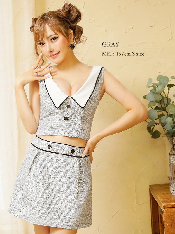 画像7: XSサイズあり【PURESS/ピュアレス】パイピング/ カラー/ ボタン/ チェーン/ ツイード/ セパレート/ フレア/ ミニドレス/ キャバドレス[OF5]