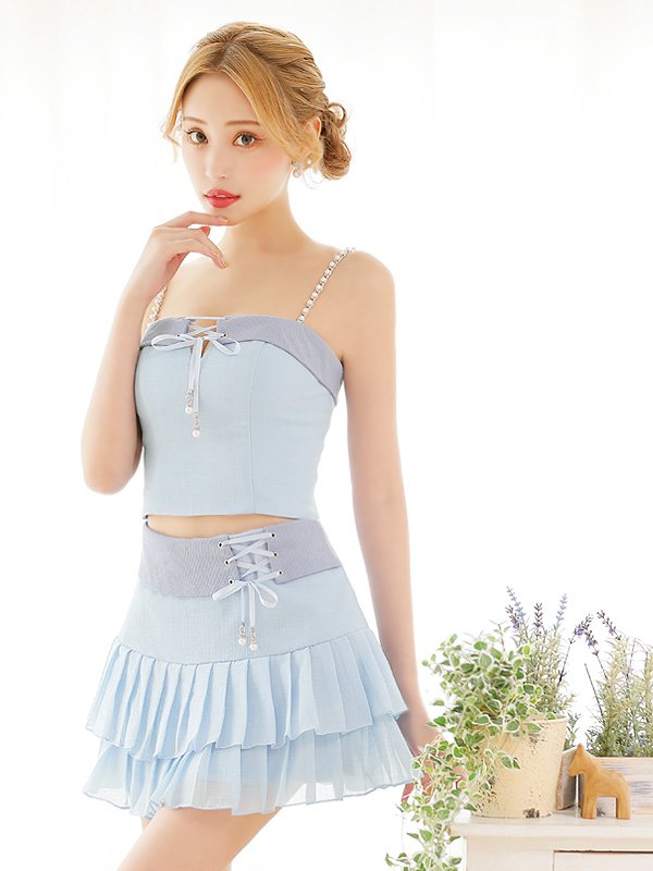 画像3: XSサイズあり【PURESS/ピュアレス】パールショルダー/ レースアップ/ マイクロミニ/ セパレート/ フレア/ ミニドレス/ キャバドレス[OF5]