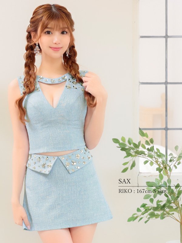 画像12: XSサイズあり【PURESS/ピュアレス】フラワービジュー/ チョーカーデザイン/ ツイード/ セパレード/ フレア/ マイクロミニ/ ミニドレス/ キャバドレス[OF5]