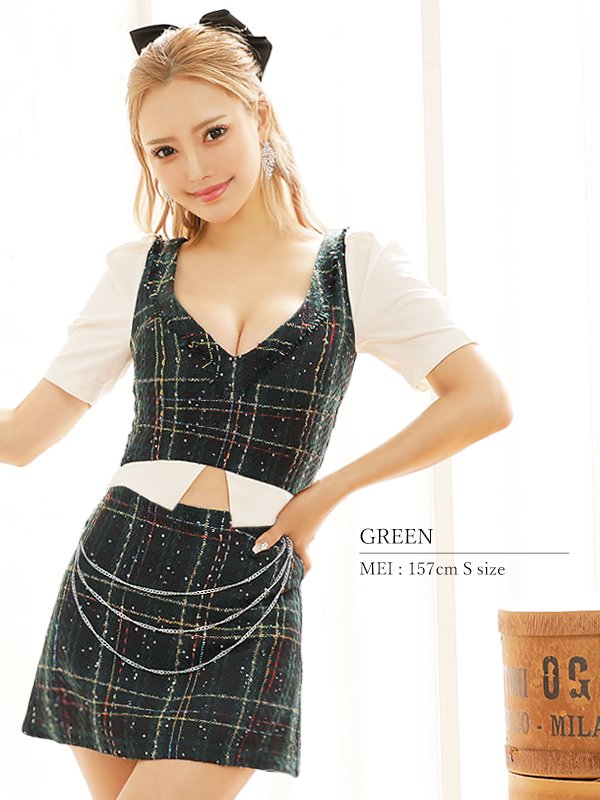 画像3: XSサイズあり【PURESS/ピュアレス】 レイヤード/ チェーン/ セパレート/ ミックスチェック/ フレア/ マイクロミニドレス/ キャバドレス[OF5]