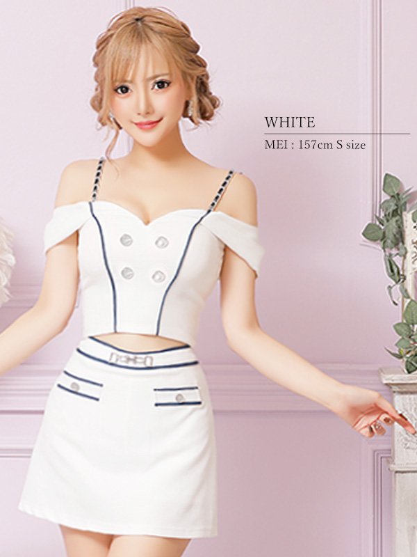 画像4: XSサイズあり【PURESS/ピュアレス】チェーンショルダー/ ボタン/ チャーム/ オフショルダー/ セパレート/ フレア/ マイクロミニ/ ミニドレス/ キャバドレス[OF5]