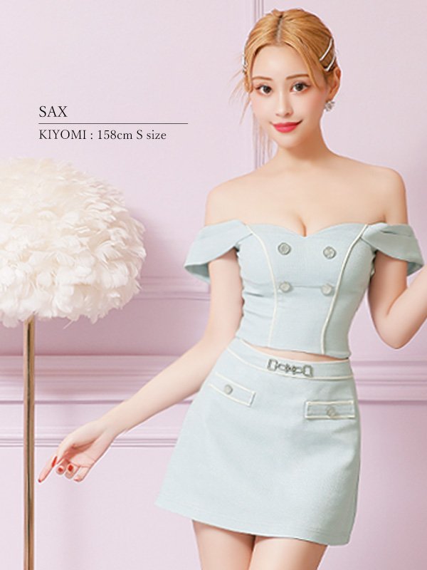 画像5: XSサイズあり【PURESS/ピュアレス】チェーンショルダー/ ボタン/ チャーム/ オフショルダー/ セパレート/ フレア/ マイクロミニ/ ミニドレス/ キャバドレス[OF5]