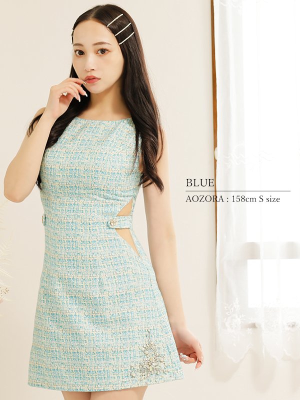 画像15: XSサイズあり【PURESS/ピュアレス】ツイード/ サイドカットベルト/ フラワービジュー/ フレア/ ミニドレス/ キャバドレス[OF5]