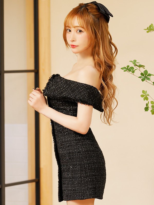 画像15: XSサイズあり【PURESS/ピュアレス】オフショルダー/ チェックツイード/ ボタン/ フレア/ ミニドレス/ キャバドレス[OF5]