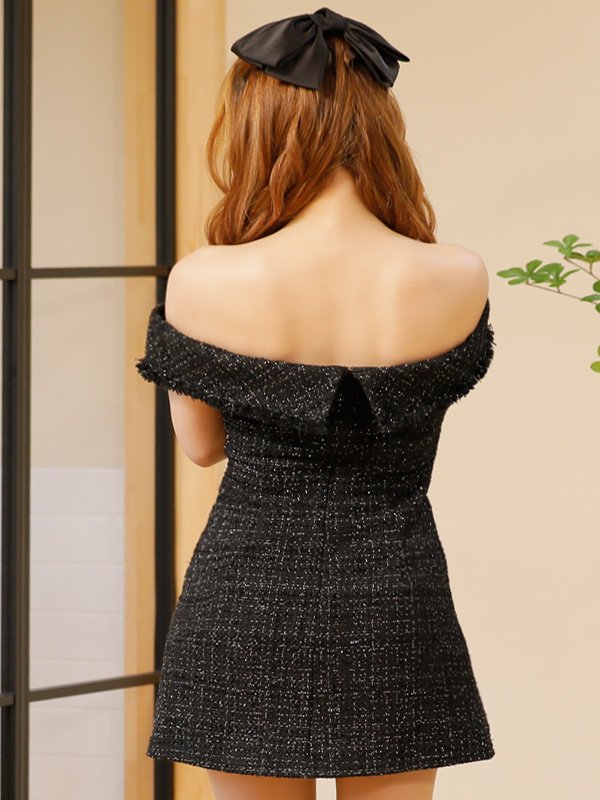 画像16: XSサイズあり【PURESS/ピュアレス】オフショルダー/ チェックツイード/ ボタン/ フレア/ ミニドレス/ キャバドレス[OF5]