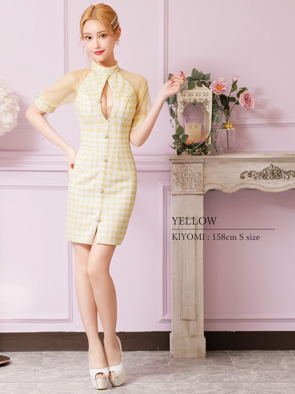 画像5: XSサイズあり【PURESS/ピュアレス】 フロントパールボタン/ シースルーメッシュショルダー/ 袖あり/ 五分袖/ チェック/ タイト/ ミニドレス/ キャバドレス[OF5]