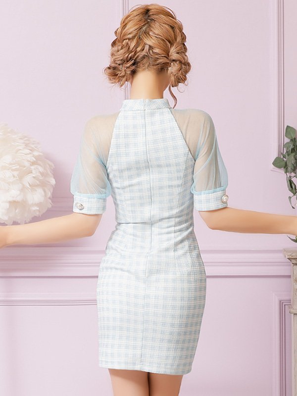 画像10: XSサイズあり【PURESS/ピュアレス】 フロントパールボタン/ シースルーメッシュショルダー/ 袖あり/ 五分袖/ チェック/ タイト/ ミニドレス/ キャバドレス[OF5]