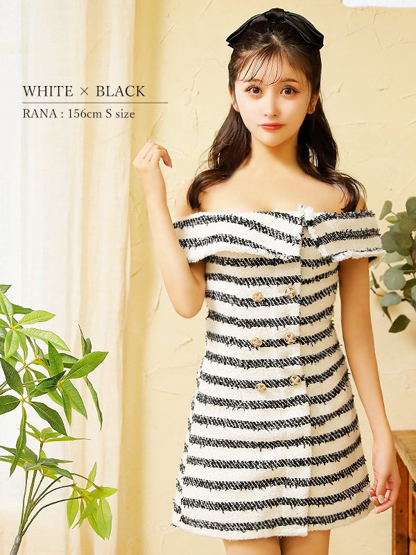 画像14: XSサイズあり【PURESS/ピュアレス】× sugar ボーダー/ オフショルダー/ ボタン/ ビジュー/ ツイード/ フレア/ ミニドレス/ キャバドレス[OF5]