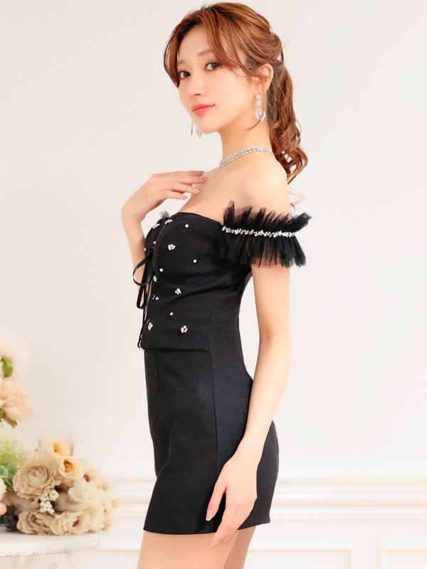 画像5: XSサイズあり【PURESS/ピュアレス】バストレースアップ/ オフショルダー/ パール/ ビジュー/ マイクロミニ/ ミニドレス/ キャバドレス[OF5]