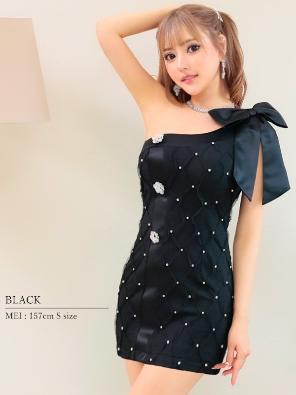 画像4: XSサイズあり【PURESS/ピュアレス】ビックリボン/ ワンショルダー/ フラワービジューボタン/ タイト/ マイクロミニ/ ミニドレス/ キャバドレス[OF5]