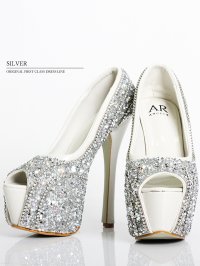 【予約商品/3月上旬-3月中旬発送予定】【ANGEL R/エンジェルアール】15cmヒール/ ラインストーンラメ/ オープントゥ/ ハイヒール/ サンダル[OF02]