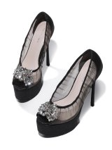 【予約商品/12月中旬発送予定】【ROBE de FLEURS/ローブドフルール】贅沢ビジュー装飾/ クリアメッシュ/ 厚底/ パンプス[OF02C]