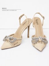 【Veautt/ヴュート】10cmヒール/ ビジューリボン/ レース/ バックストラップ/ ポインテッドトゥパンプス/ ハイヒール/ サンダル[OF02]