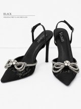 【Veautt/ヴュート】10cmヒール/ ビジューリボン/ レース/ バックストラップ/ ポインテッドトゥパンプス/ ハイヒール/ サンダル[OF02]