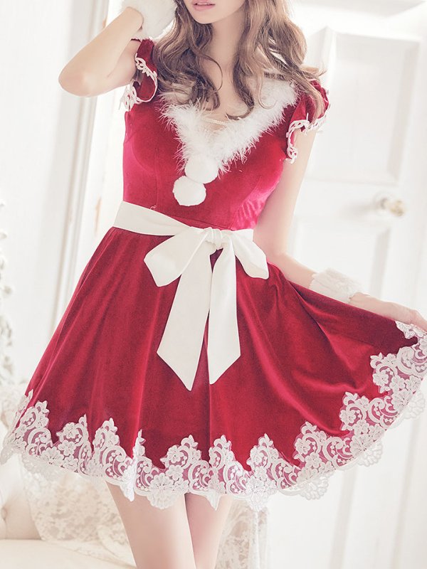 画像4: 【sugar nine サンタコス 5点セット】【S-XLサイズ/2カラー】フレアスリーブ刺繍レースフレアサンタ[OF03]