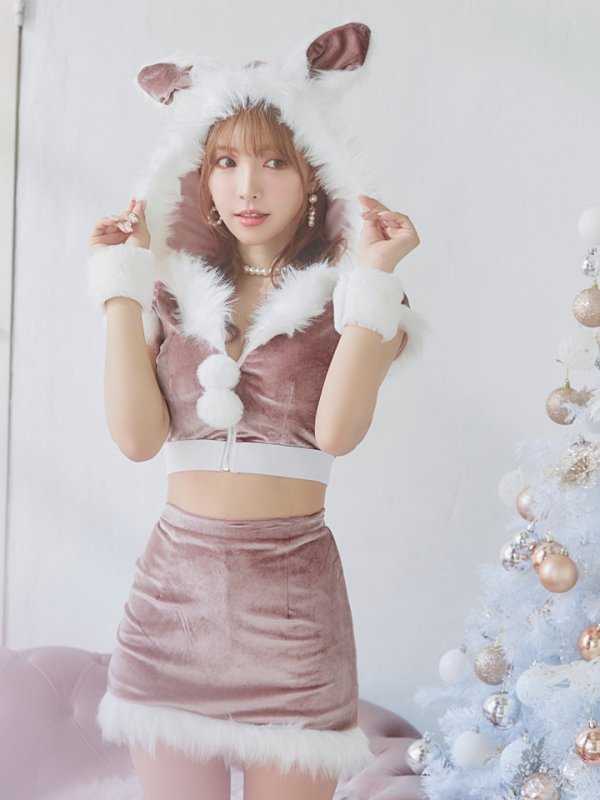 画像9: 【即日発送！】【XS-XLサイズ/3カラー】ベロアフードバニーセットアップサンタコスプレ[YMT]