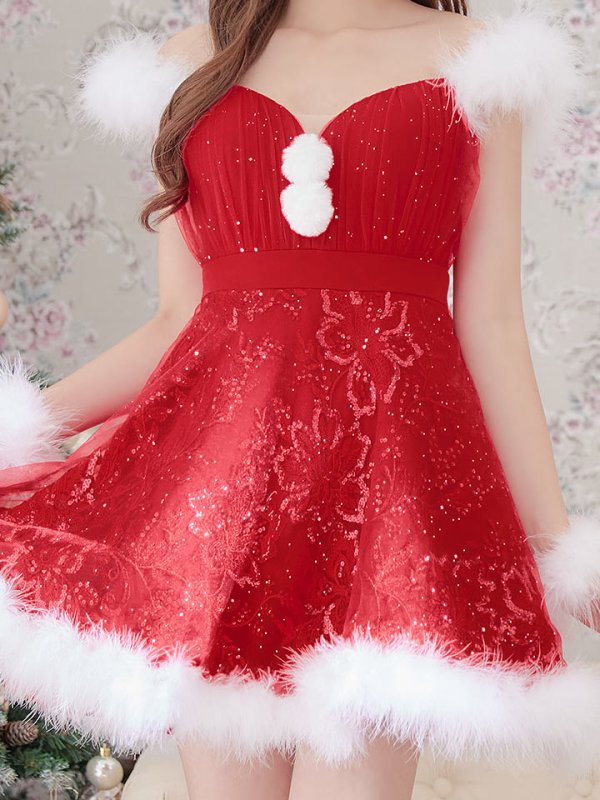 画像16: SALE!ファーショルダー/ スパンコールチュール/ 刺繍レースフレアサンタ【sugar nine サンタコス 4点セット】【S-XLサイズ/2カラー】[YMT]