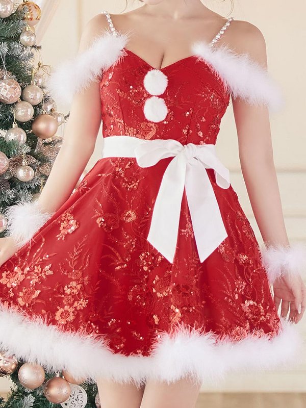 画像5: SALE!ファーショルダー/ スパンコール刺繍フレアサンタ【sugar nine サンタコス 5点セット】【S-XLサイズ/2カラー】[YMT]