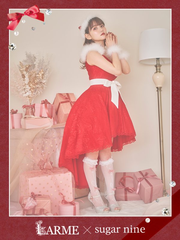 画像1: 【即日発送】総レース/ ファーショルダー/ ショートインロングフレアサンタ【sugar nine サンタコス 5点セット】【S-Lサイズ/2カラー】[YMT]