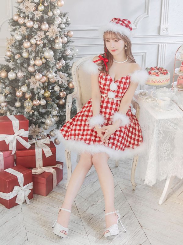 画像27: SALE!【サンタコス 5点セット】【XS-Lサイズ/1カラー】ギンガムチェック フレアワンピースサンタコスプレ[YMT]