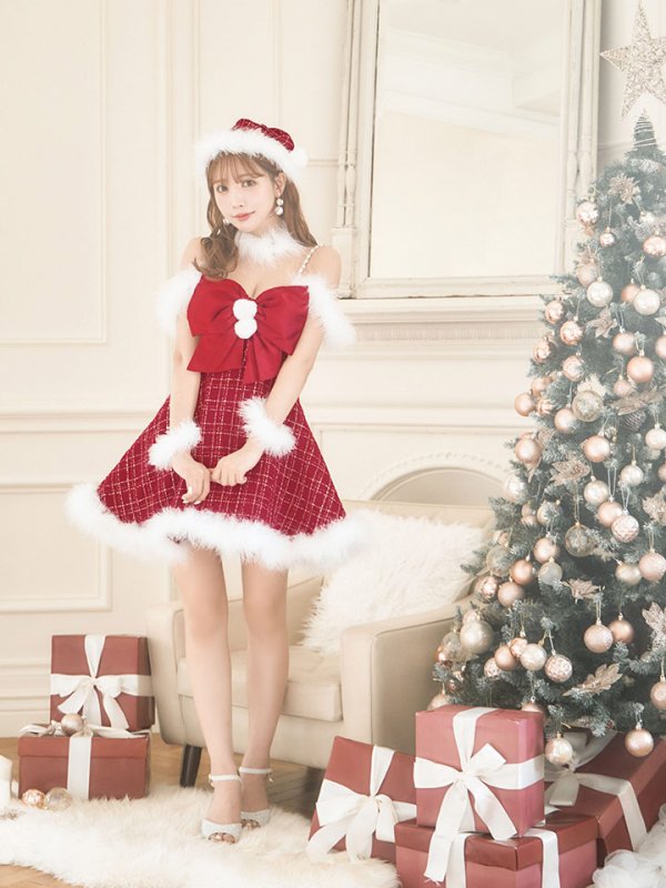 画像5: 【ノベルティ対象】【即日発送！】【サンタコス 5点セット】【S-XLサイズ/1カラー】リボンキャミソールフレアツイードサンタコスプレ[YMT]