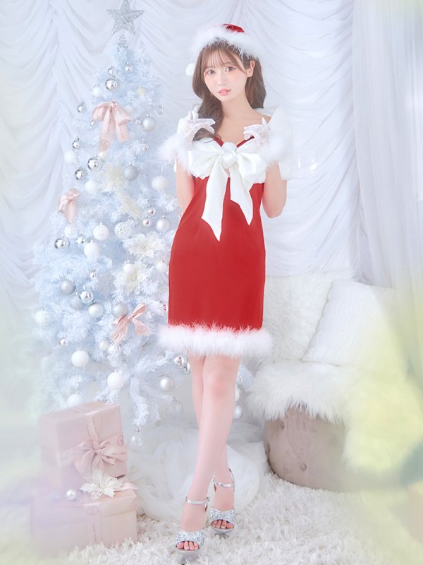 画像9: 【ノベルティ対象】【即日発送！】【サンタコス 5点セット】【S-Lサイズ/2カラー】サテンリボンファーサンタコスプレ[YMT]