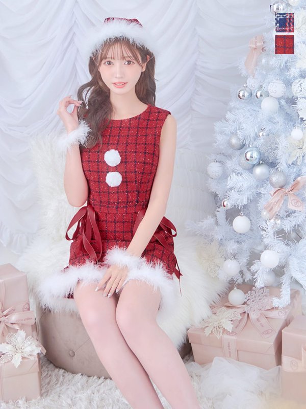 画像3: 【サンタSALE!!】【サンタコス 4点セット】【S-Lサイズ/2カラー】サイドリボンツイードサンタコスプレ[OF04]