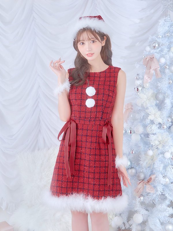画像4: 【サンタSALE!!】【サンタコス 4点セット】【S-Lサイズ/2カラー】サイドリボンツイードサンタコスプレ[OF04]