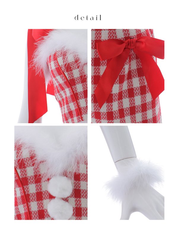 画像40: 【即日発送！】【サンタコス 6点セット】【XS-Lサイズ/1カラー】ショルダーリボン赤チェックタイトサンタ[YMT]