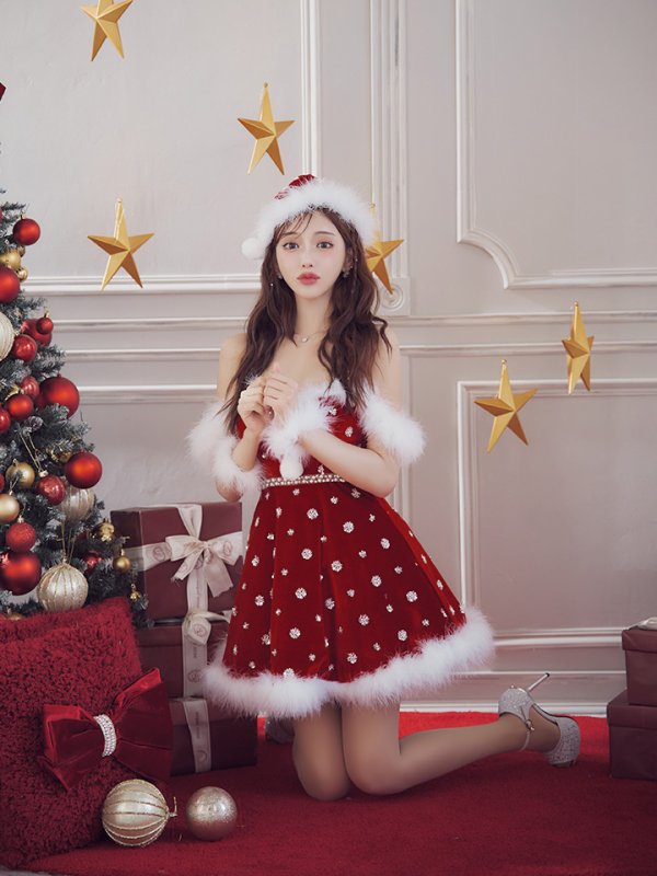 画像12: 【ノベルティ対象】【即日発送！】【サンタコス 4点セット】【XS-XLサイズ/1カラー】ビジューショルダーフレアサンタ[OF04]