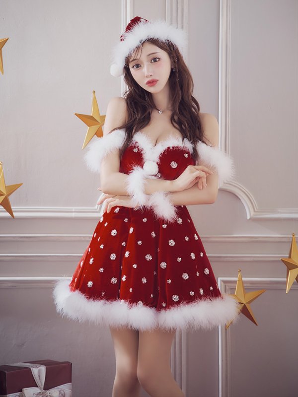 画像13: 【ノベルティ対象】【即日発送！】【サンタコス 4点セット】【XS-XLサイズ/1カラー】ビジューショルダーフレアサンタ[OF04]