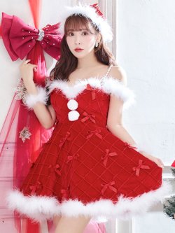 【サンタSALE!!】【即日発送！】【サンタコス 4点セット】【XS-XLサイズ/2カラー】リボンモチーフパールショルダーフレアサンタ[HC03]
