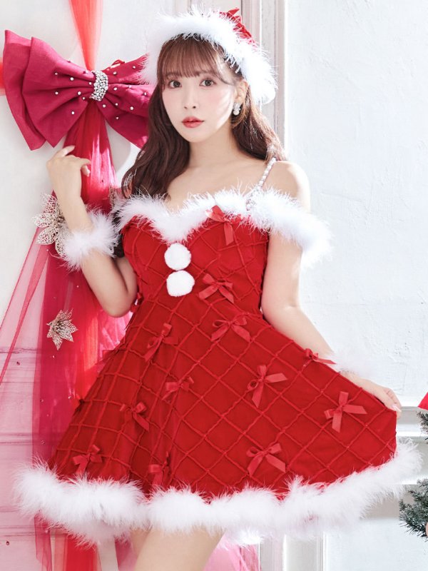 画像1: 【即日発送！】【サンタコス 4点セット】【XS-XLサイズ/2カラー】リボンモチーフパールショルダーフレアサンタ[YMT]