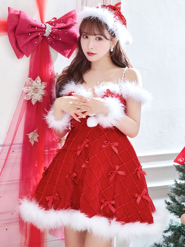 画像26: 【ノベルティ対象】【即日発送！】【サンタコス 4点セット】【XS-XLサイズ/2カラー】リボンモチーフパールショルダーフレアサンタ[YMT]