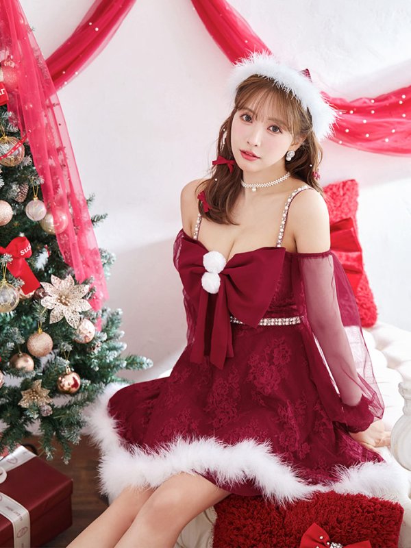 画像11: 【ノベルティ対象】【即日発送！】【サンタコス 3点セット】【XS-Lサイズ/2カラー】フロントビッグリボンオフショル袖付きフレアサンタ[YMT]