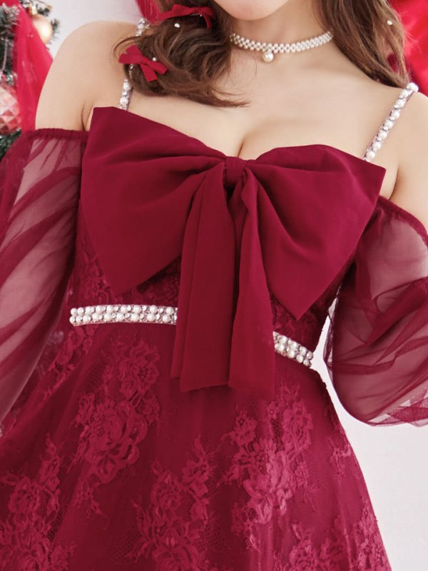 画像17: 【ノベルティ対象】【即日発送！】【サンタコス 3点セット】【XS-Lサイズ/2カラー】フロントビッグリボンオフショル袖付きフレアサンタ[YMT]