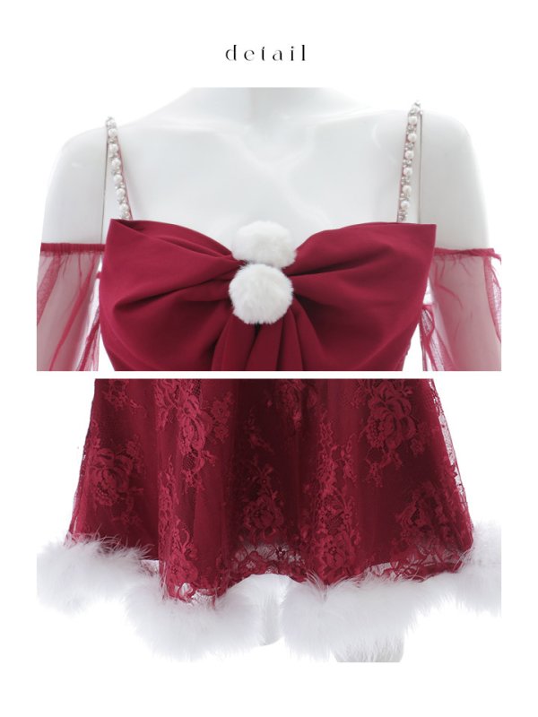 画像43: 【ノベルティ対象】【即日発送！】【サンタコス 3点セット】【XS-Lサイズ/2カラー】フロントビッグリボンオフショル袖付きフレアサンタ[YMT]