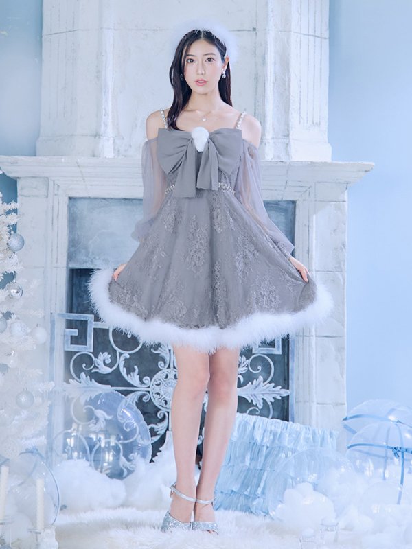 画像34: 【ノベルティ対象】【即日発送！】【サンタコス 3点セット】【XS-Lサイズ/2カラー】フロントビッグリボンオフショル袖付きフレアサンタ[YMT]