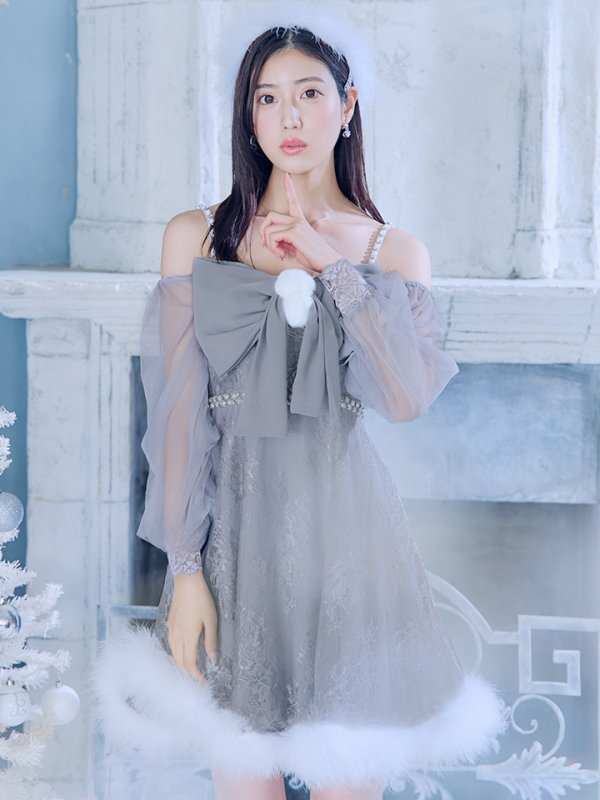 画像36: 【ノベルティ対象】【即日発送！】【サンタコス 3点セット】【XS-Lサイズ/2カラー】フロントビッグリボンオフショル袖付きフレアサンタ[YMT]