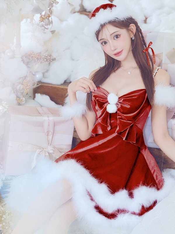 画像1: 【即日発送！】【サンタコス 4点セット】【XS-Lサイズ/4カラー】フロントビッグリボンオフショルフレアサンタ[YMT]