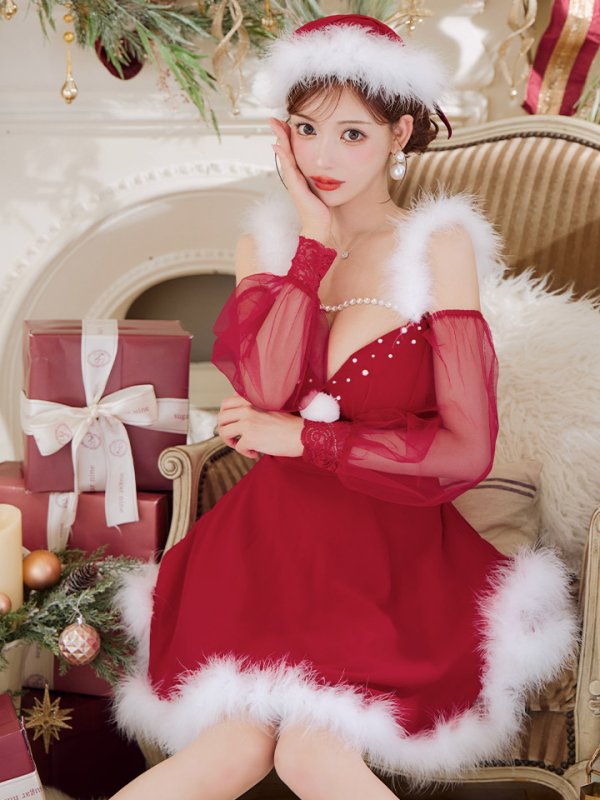 画像34: 【ノベルティ対象】【即日発送】【サンタコス 3点セット】【XS-XLサイズ/2カラー】シアーチュールオフショルダーサンタコスプレ[YMT]