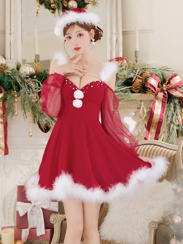 画像21: 【ノベルティ対象】【即日発送】【サンタコス 3点セット】【XS-XLサイズ/2カラー】シアーチュールオフショルダーサンタコスプレ[YMT]